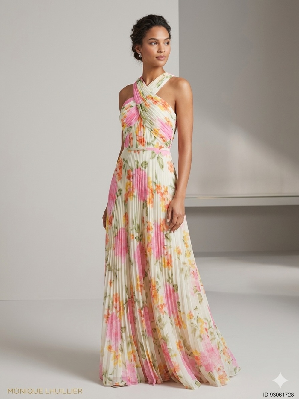 Monique Lhuillier Pink and Cream Floral Crisscross Halter Maxi Dress